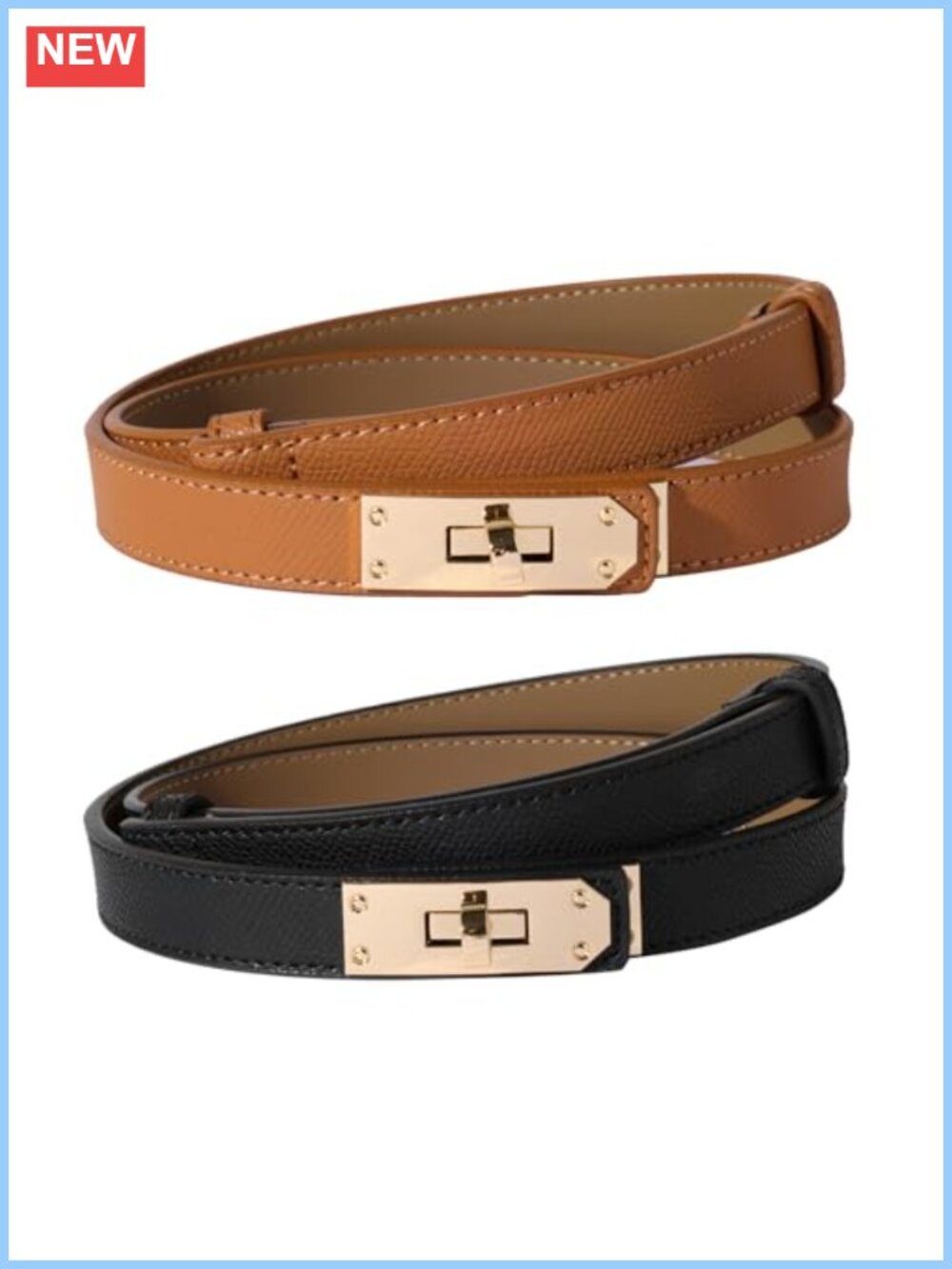Skinny Leather Belt with Alloy Turn Lock Buckle Adjustable